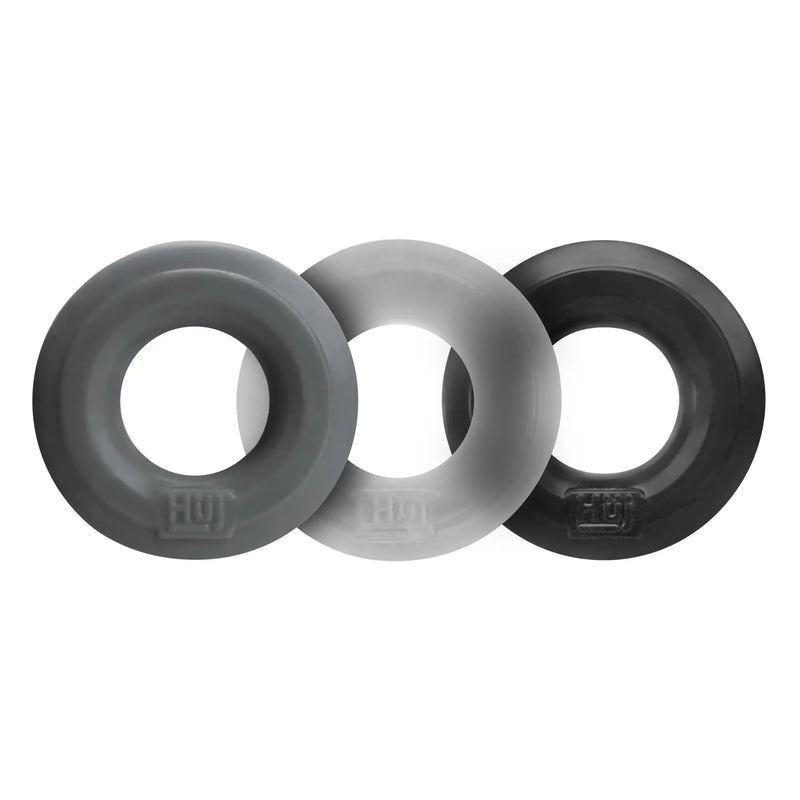 Three silicone rings in dark gray light gray and black with subtle embossed logo by hunkyjunk huj3 c-ring 3 pk