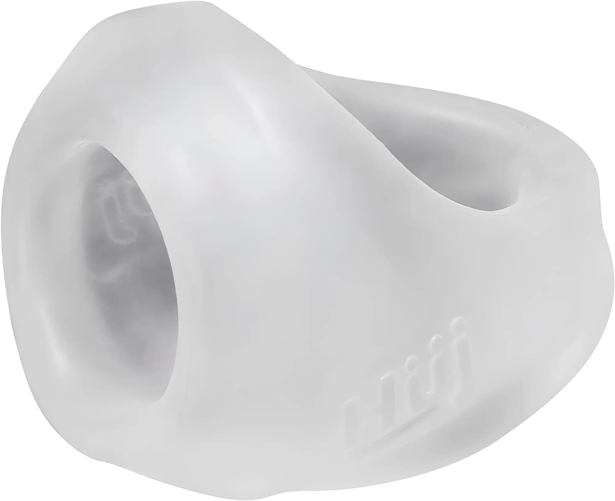 White silicone nose clip with smooth flexible texture and embossed logo for hunkyjunk slingshot 3-ring teardrop sling