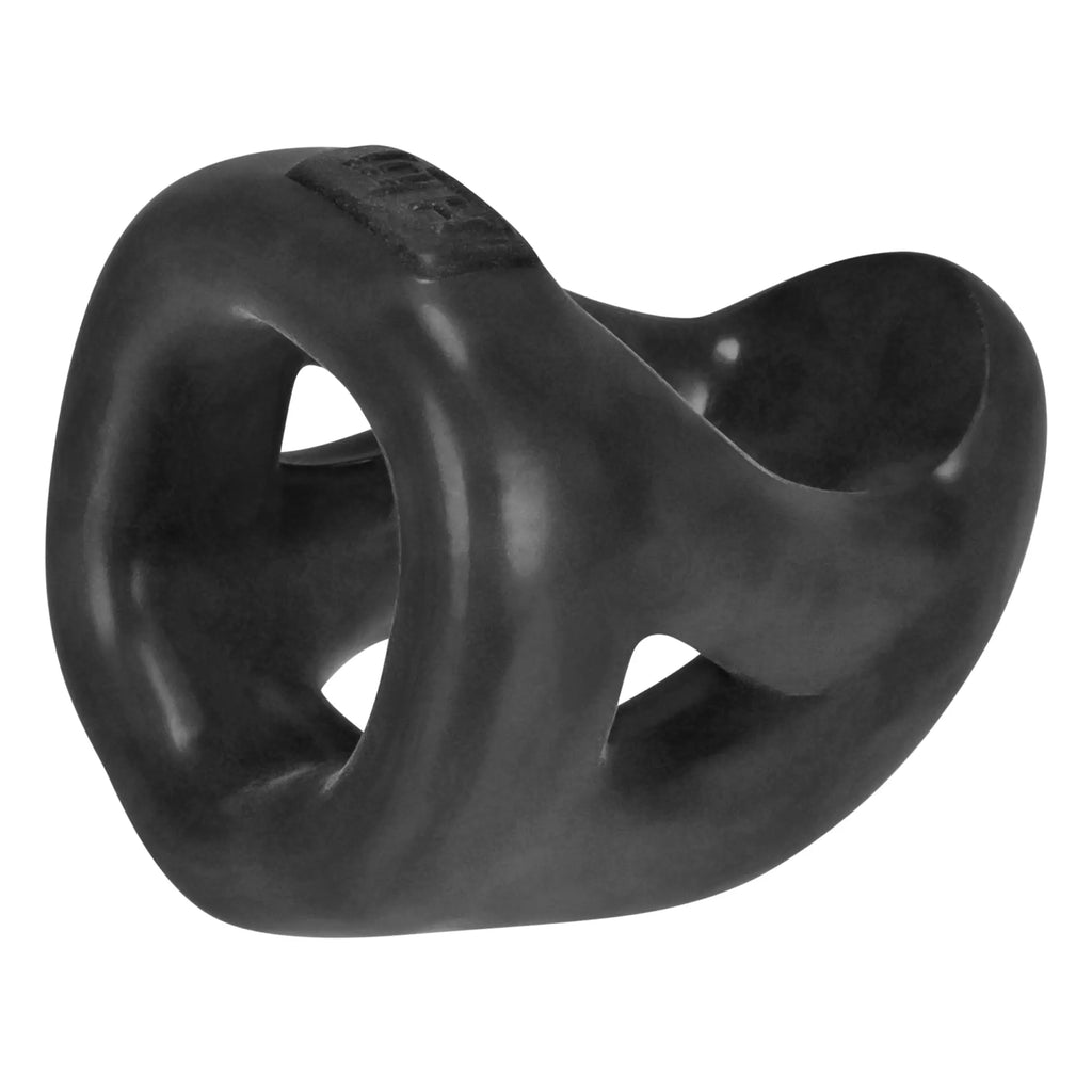 Black glossy silicone ring with dual-loop design and embossed branding from hunkyjunk slingshot 3-ring teardrop sling