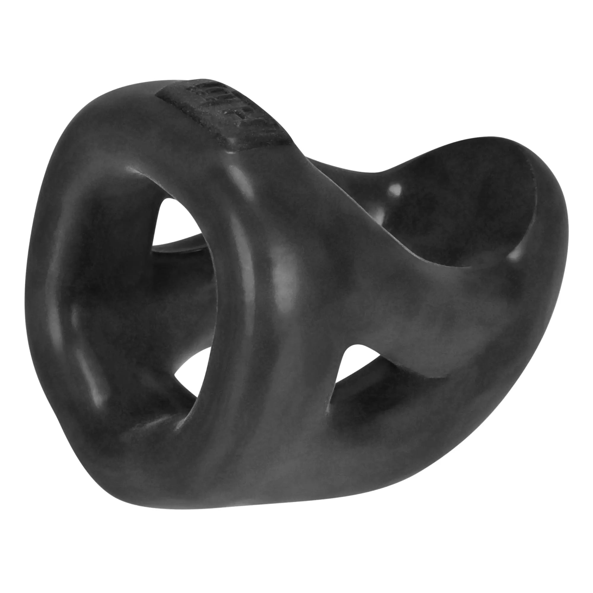 Black glossy silicone ring with dual-loop design and embossed branding from hunkyjunk slingshot 3-ring teardrop sling