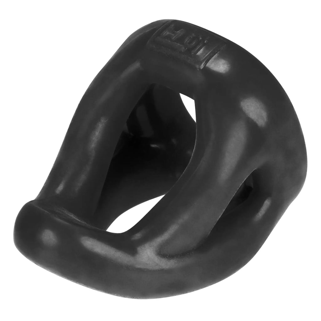 Black glossy silicone urethral dilator with contoured design and embossed brand logo from hunkyjunk slingshot series
