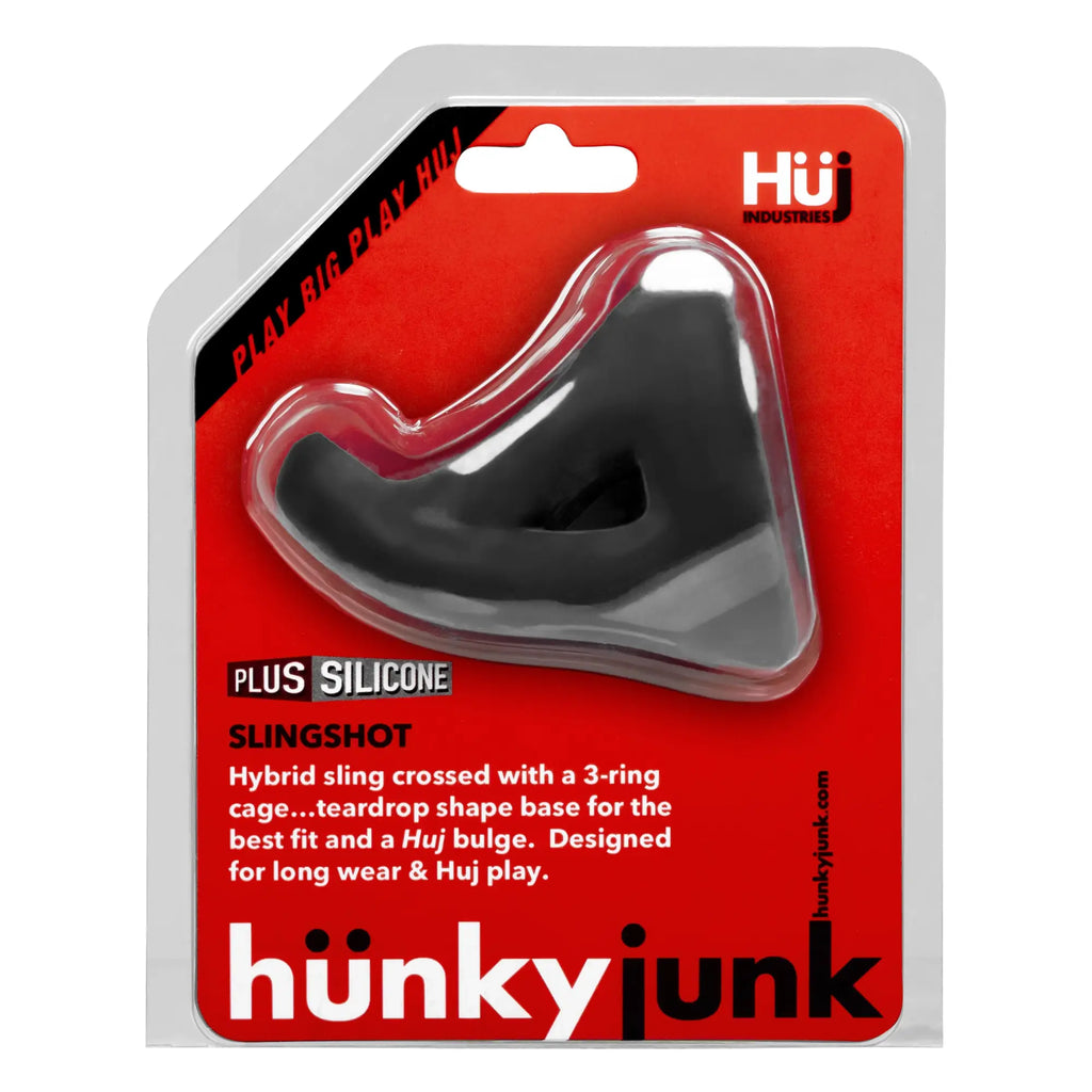 Black plus silicone slingshot with teardrop base and huj bulge designed for long wear by Hunkyjunk Tar