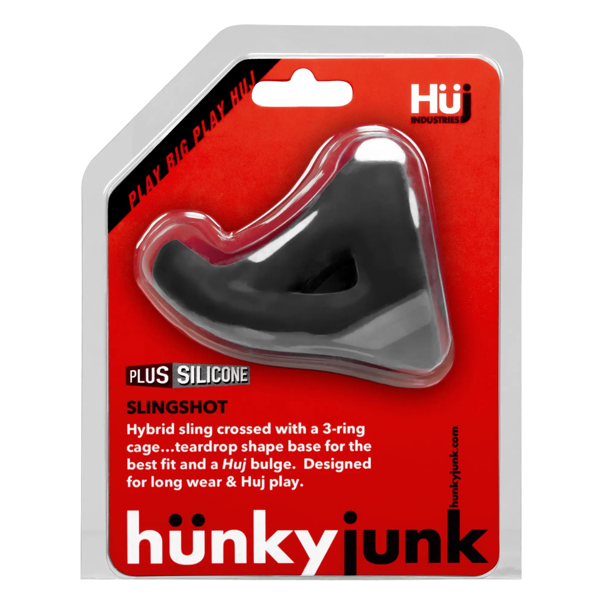 Black plus silicone slingshot with teardrop base and huj bulge designed for long wear by Hunkyjunk Tar