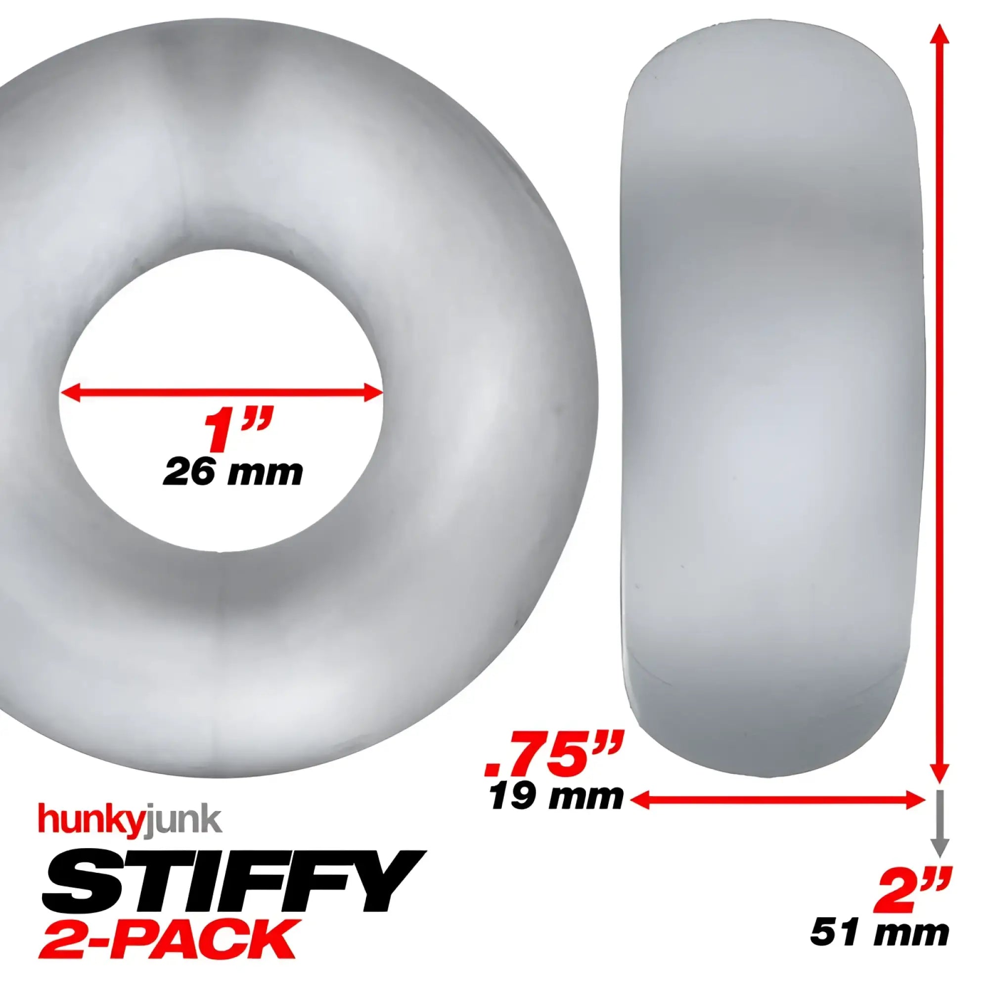 Silver metallic hunkyjunk stiffy bulge cockring with 1 inch inner diameter and 2 inch outer diameter two pack