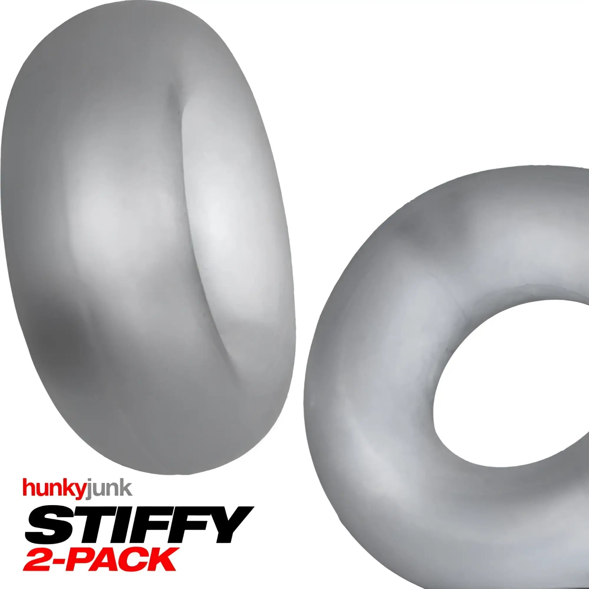 Silver metallic hunkyjunk stiffy 2 pc bulge cockring with smooth rounded design and textured surface ice clear