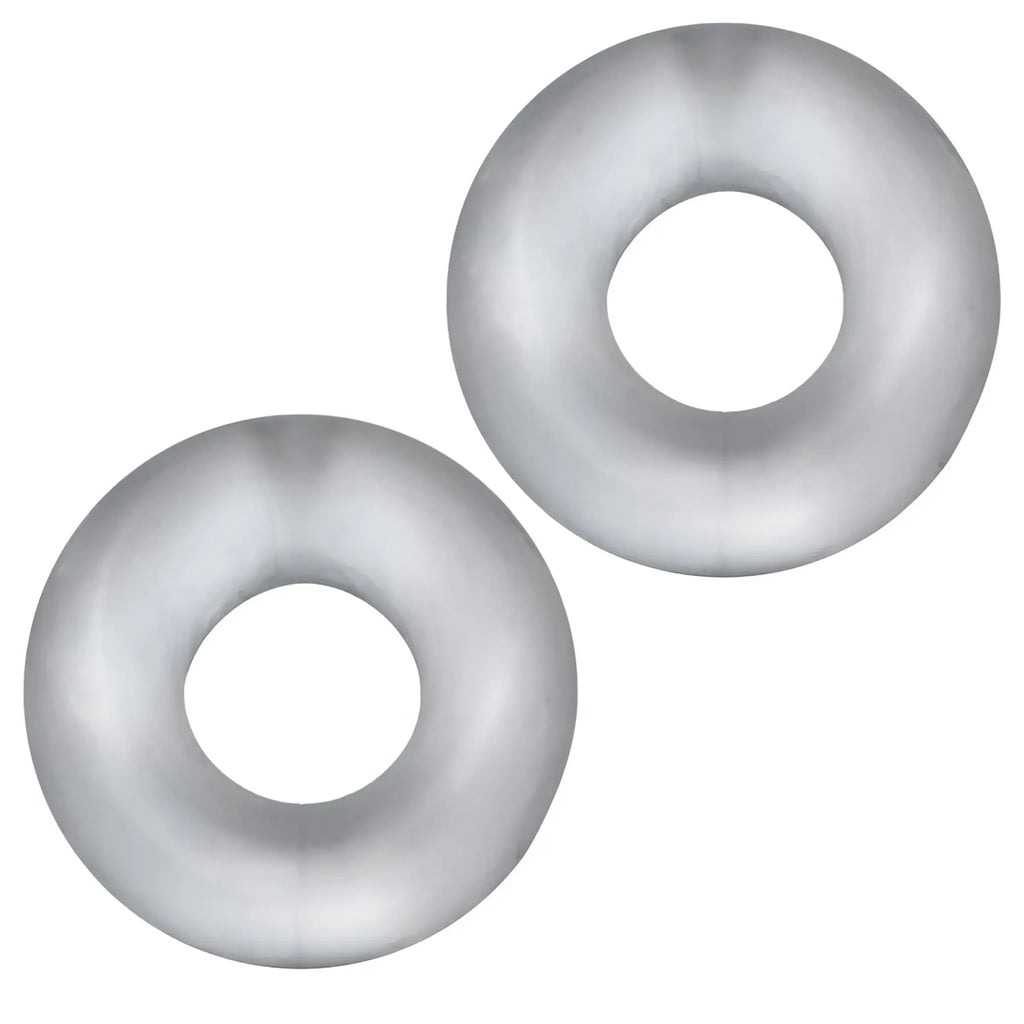 Two sleek silver-toned metal hunkyjunk stiffy 2 pc bulge cockrings with smooth polished finish in ice clear color