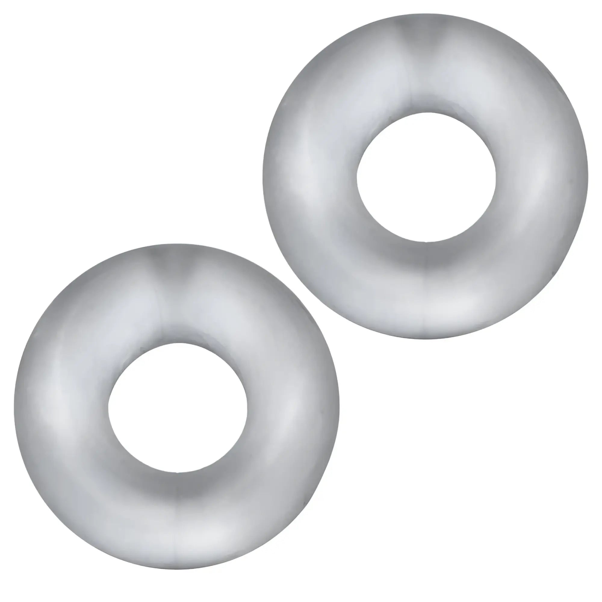Two sleek silver-toned metal hunkyjunk stiffy 2 pc bulge cockrings with smooth polished finish in ice clear color