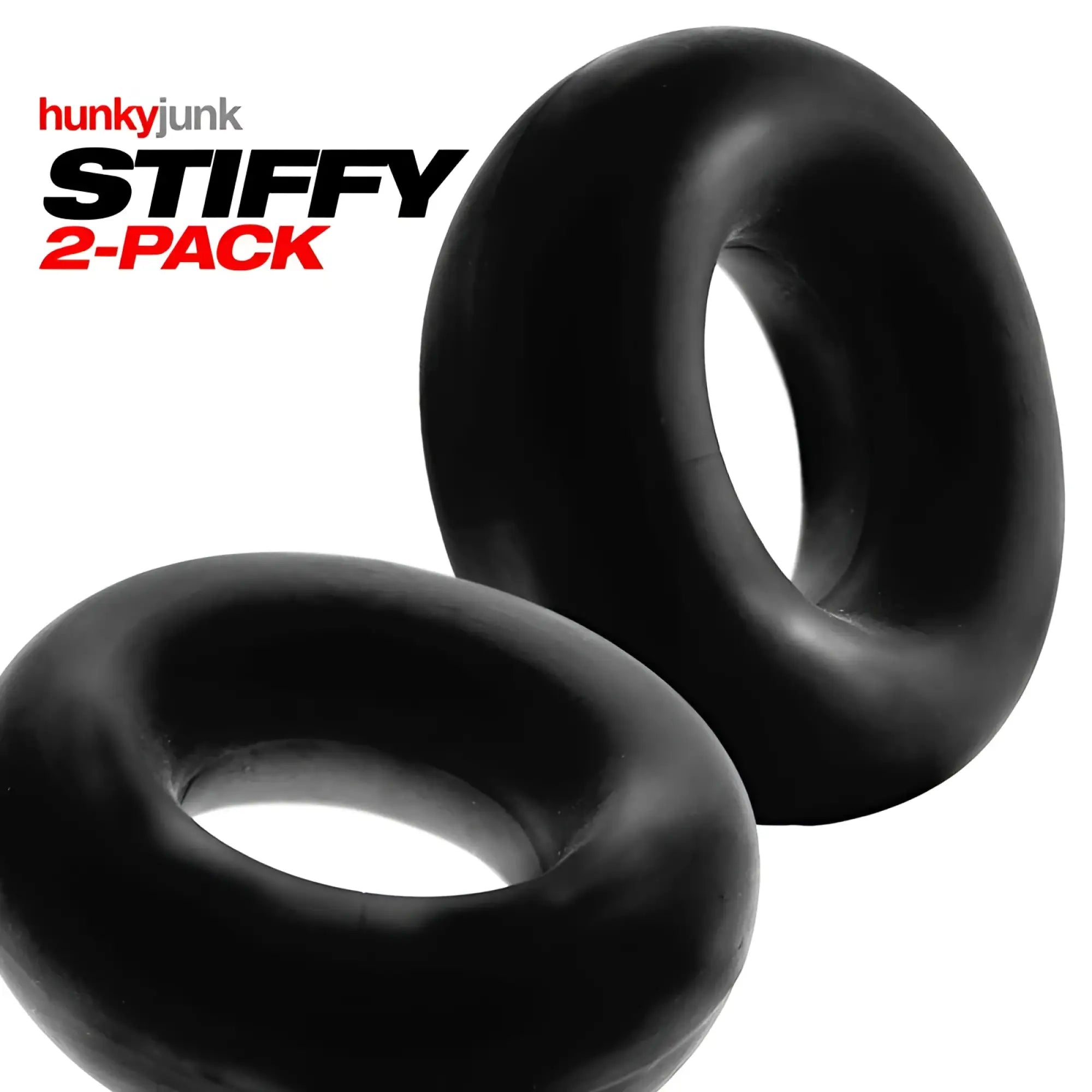 Black silicone bulge cockrings from the hunkyjunk stiffy 2 pc pack for enhanced comfort and fit