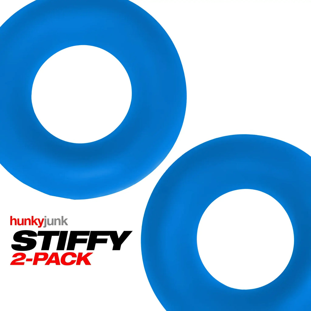 Blue silicone cock rings two-pack by Hunkyjunk featuring teal ice color and flexible bulge design in one size