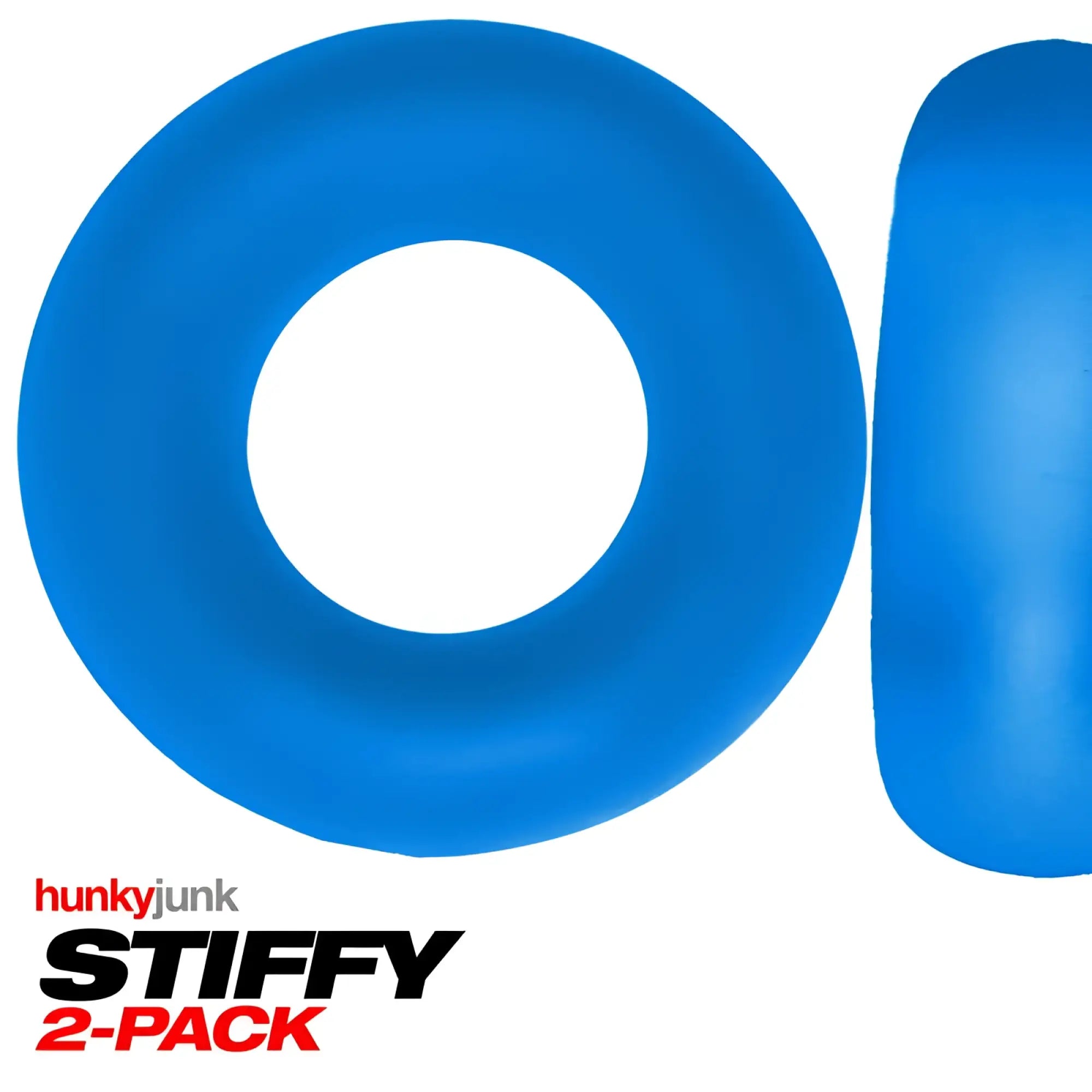 Bright blue silicone cock ring from the hunkyjunk stiffy 2-pack designed for bulge enhancement in one size teal ice