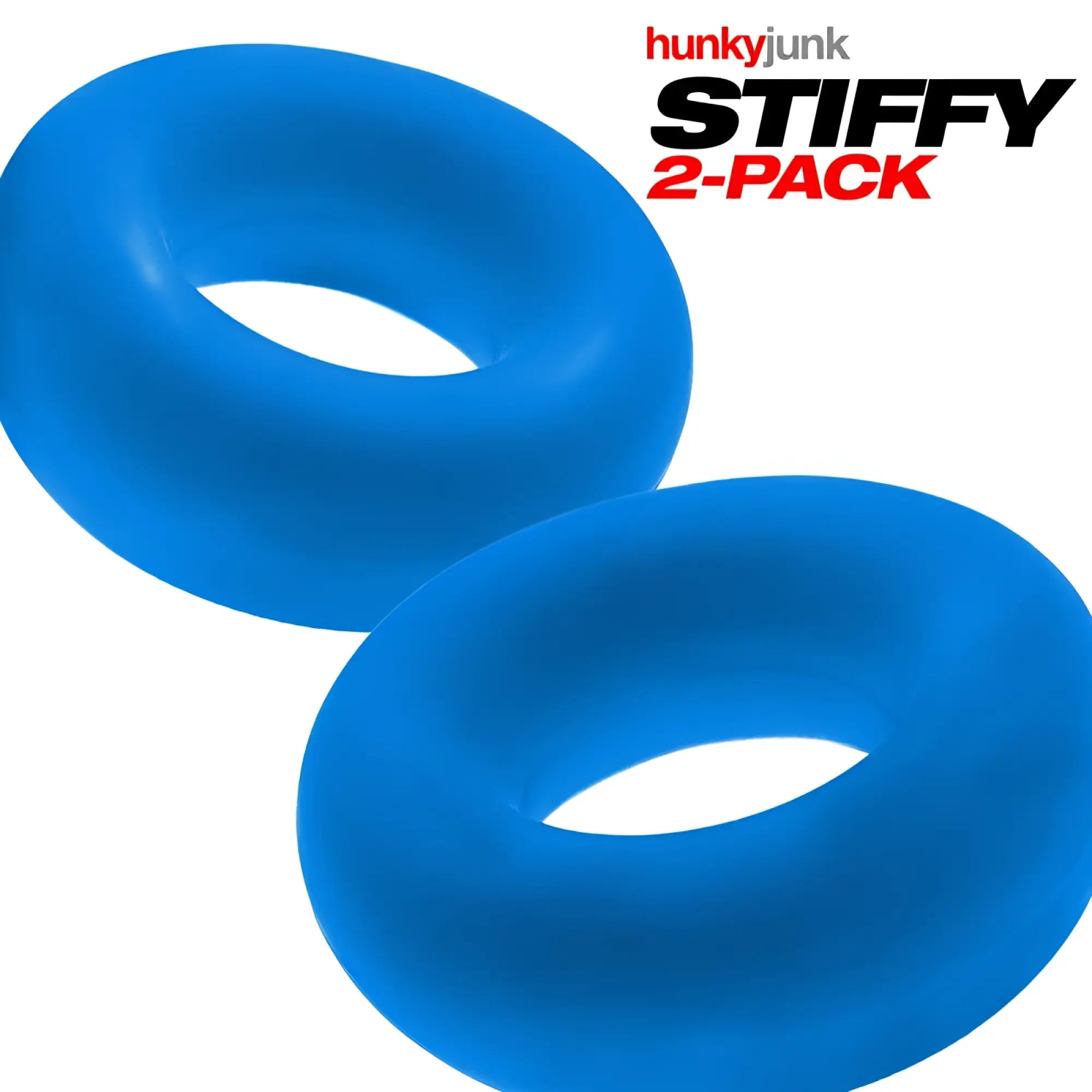 Bright blue smooth rubber cockrings from the hunkyjunk stiffy 2 pack designed for bulge enhancement and comfort