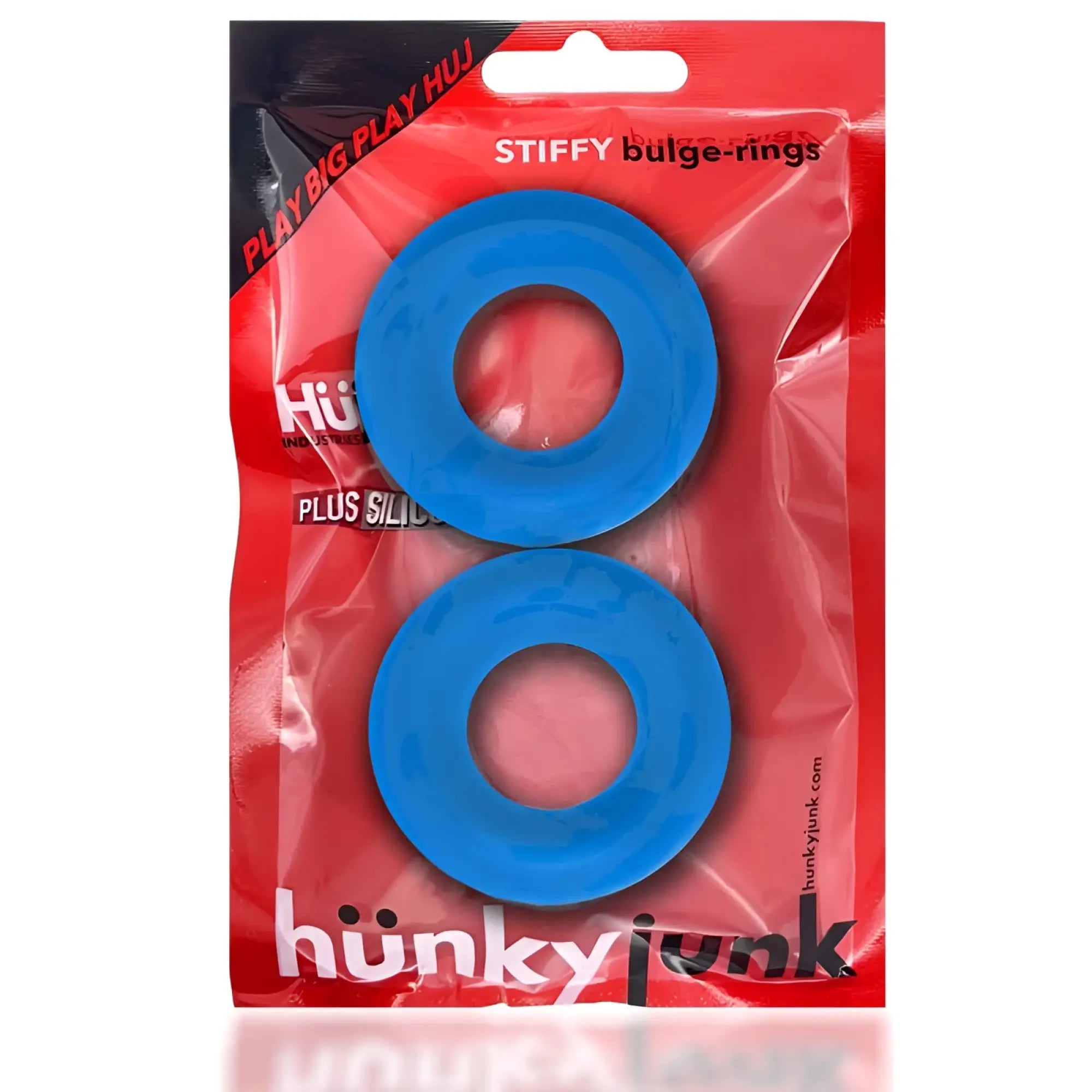Two bright blue silicone bulge cockrings in a red and black hunkyjunk package for teal ice one size