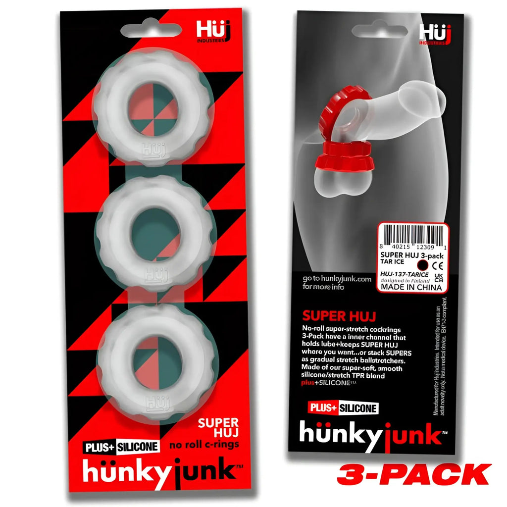 Set of three translucent white silicone cock rings with red and teal geometric patterns in hunkyjunk blister pack