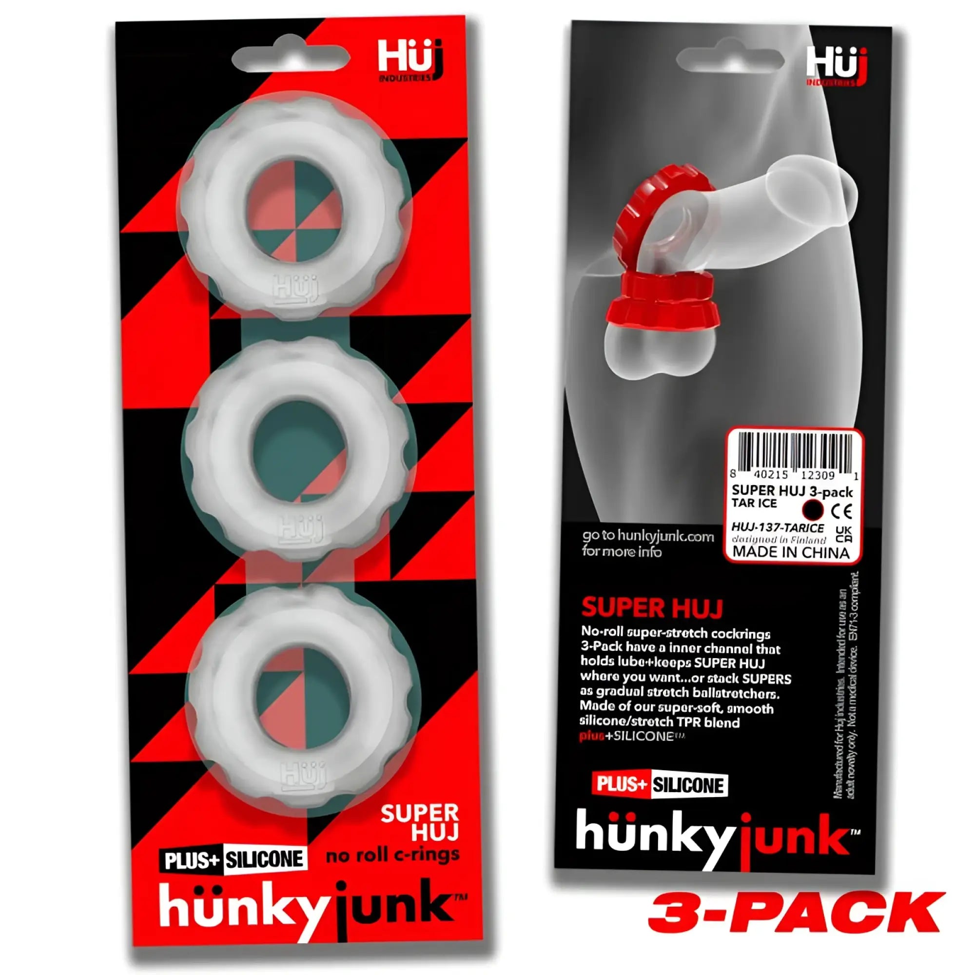 Set of three translucent white silicone cock rings with red and teal geometric patterns in hunkyjunk blister pack