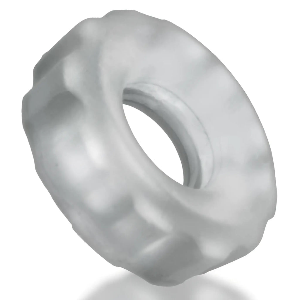 Translucent gray silicone hunkyjunk super hunkyjunk 3 pc cockring with textured ridged surface and inner threaded hole