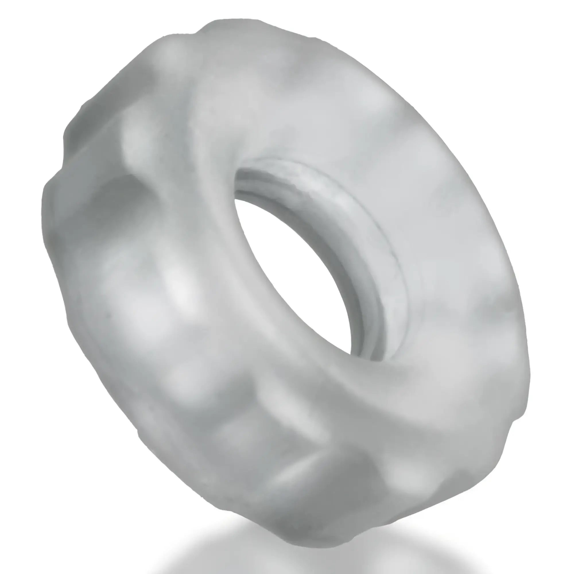 Translucent gray silicone hunkyjunk super hunkyjunk 3 pc cockring with textured ridged surface and inner threaded hole