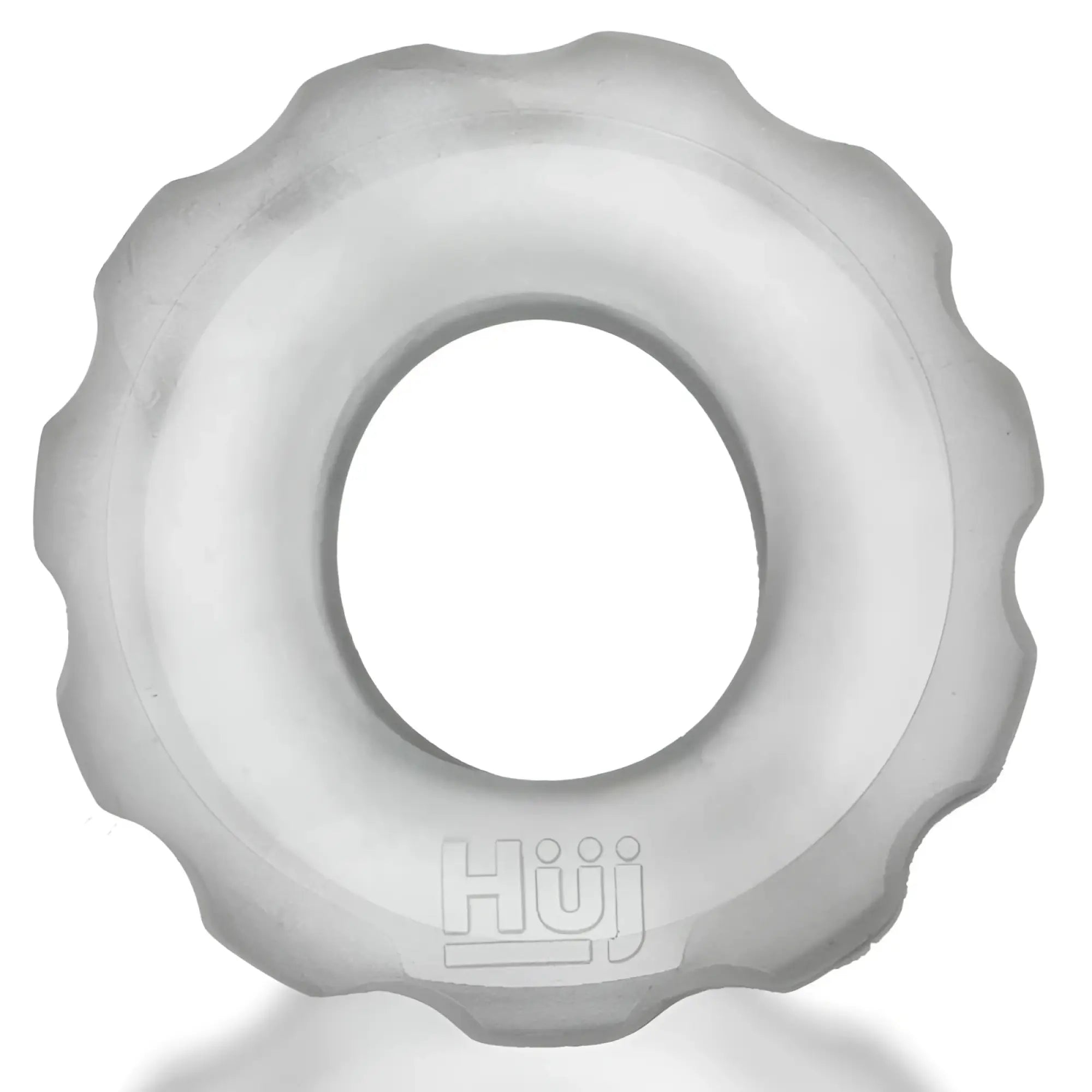 Clear translucent silicone cockring with scalloped edge and hüj logo from hunkyjunk super hunkyjunk 3 pc set