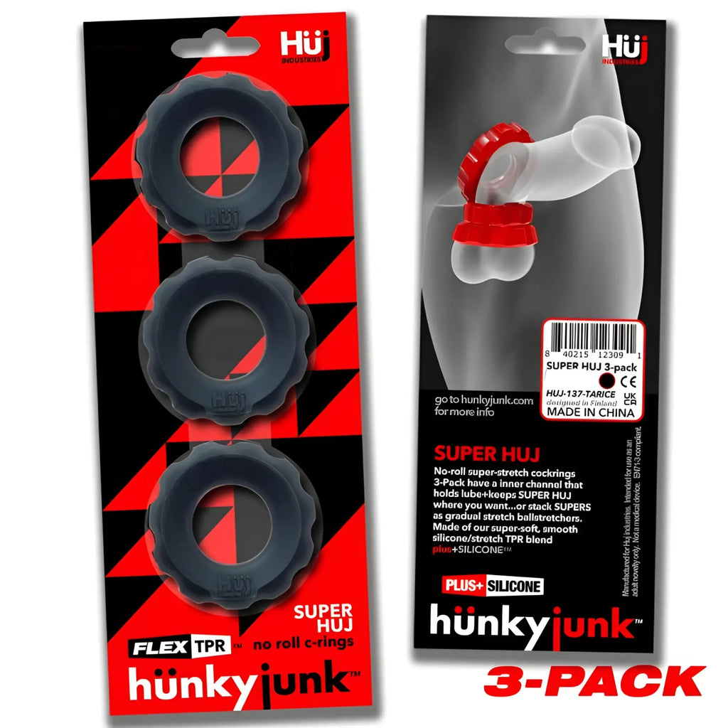 Black textured silicone cockrings with red and black geometric packaging from hunkyjunk super hunkyjunk 3 pc set