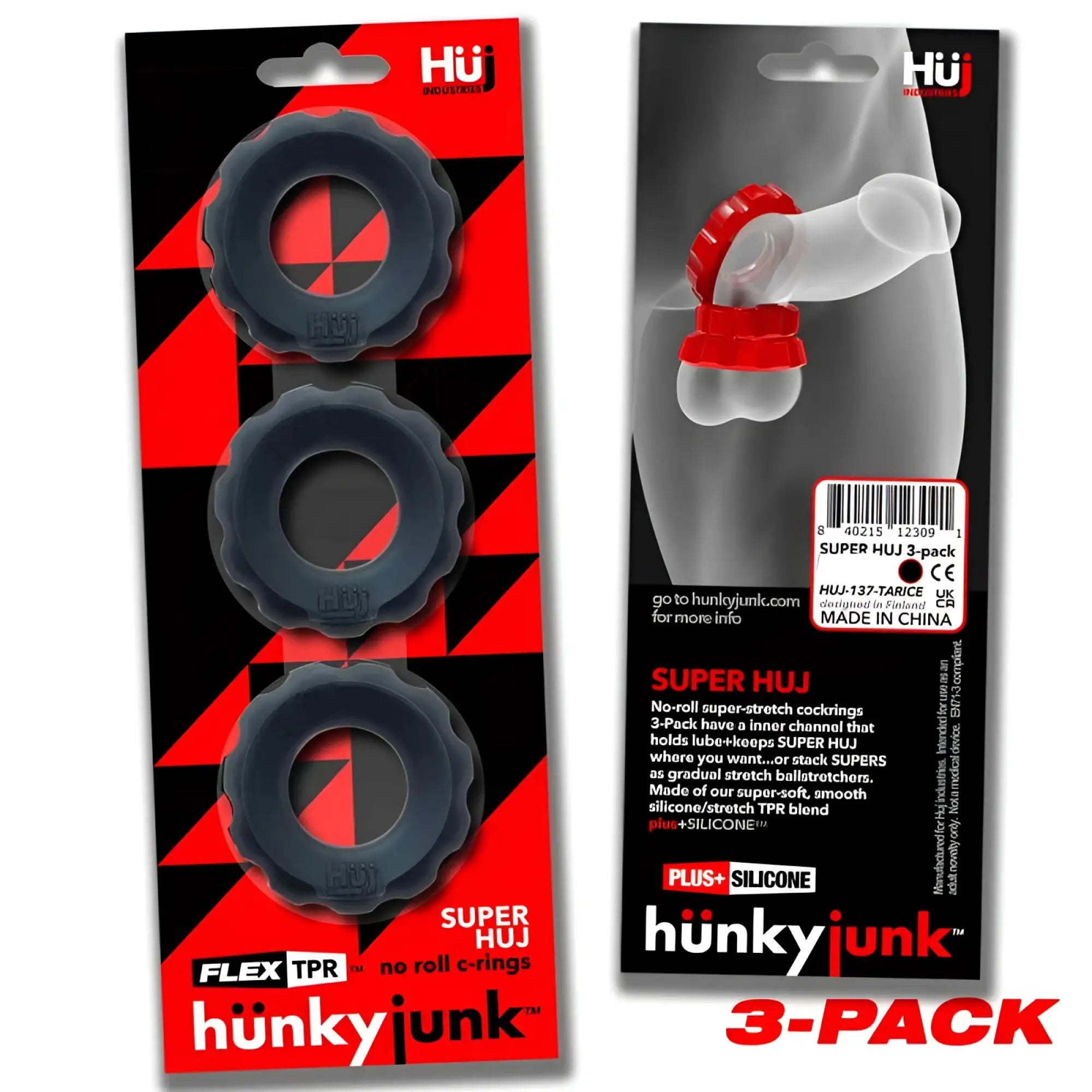 Black textured silicone cockrings with red and black geometric packaging from hunkyjunk super hunkyjunk 3 pc set