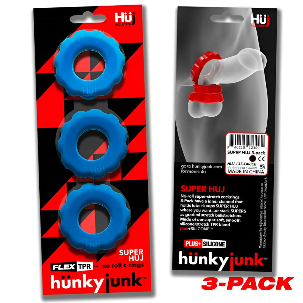 Hunkyjunk super hunkyjunk 3 pc teal ice silicone cock rings with textured gear-like outer edge and smooth inner channel