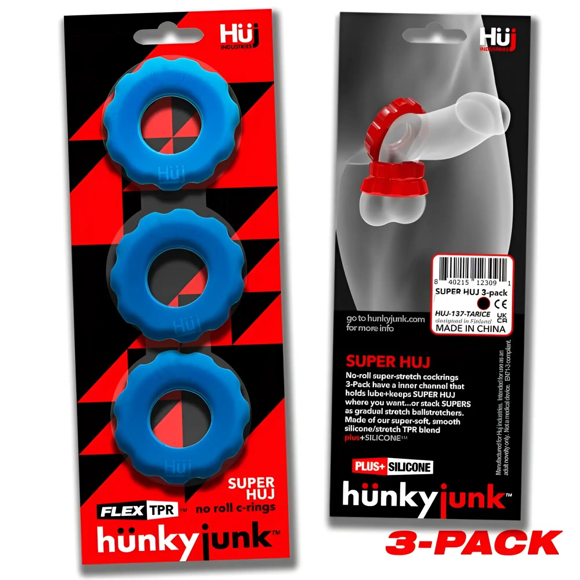 Hunkyjunk super hunkyjunk 3 pc teal ice silicone cock rings with textured gear-like outer edge and smooth inner channel