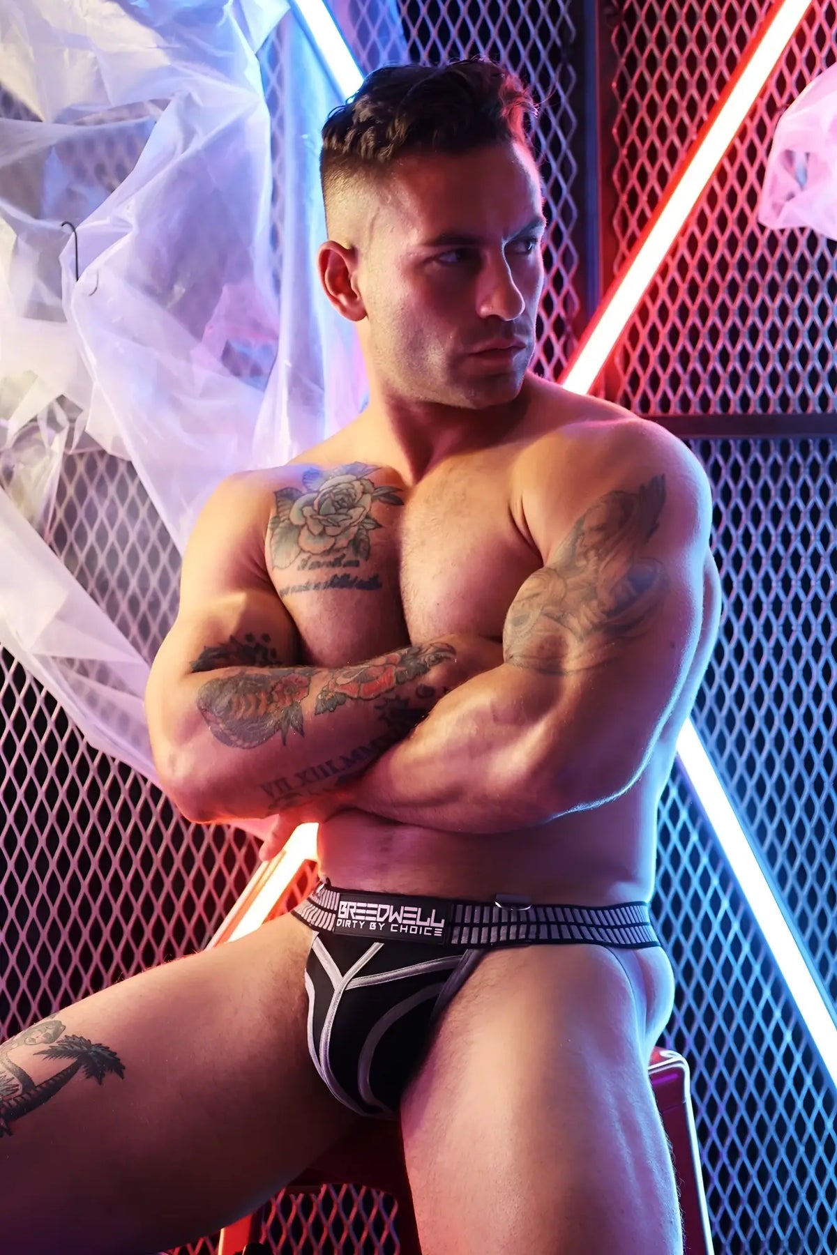 Black and white patterned redken hybrid jock briefs with red accents and striped waistband front view