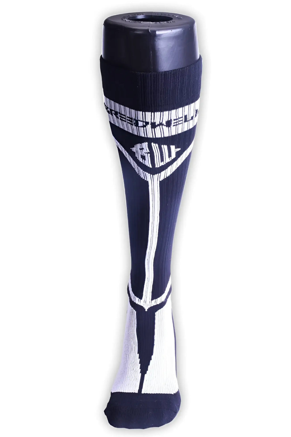 Black and white breckenridge hybrid athletic sock with bold geometric design and branded top cuff