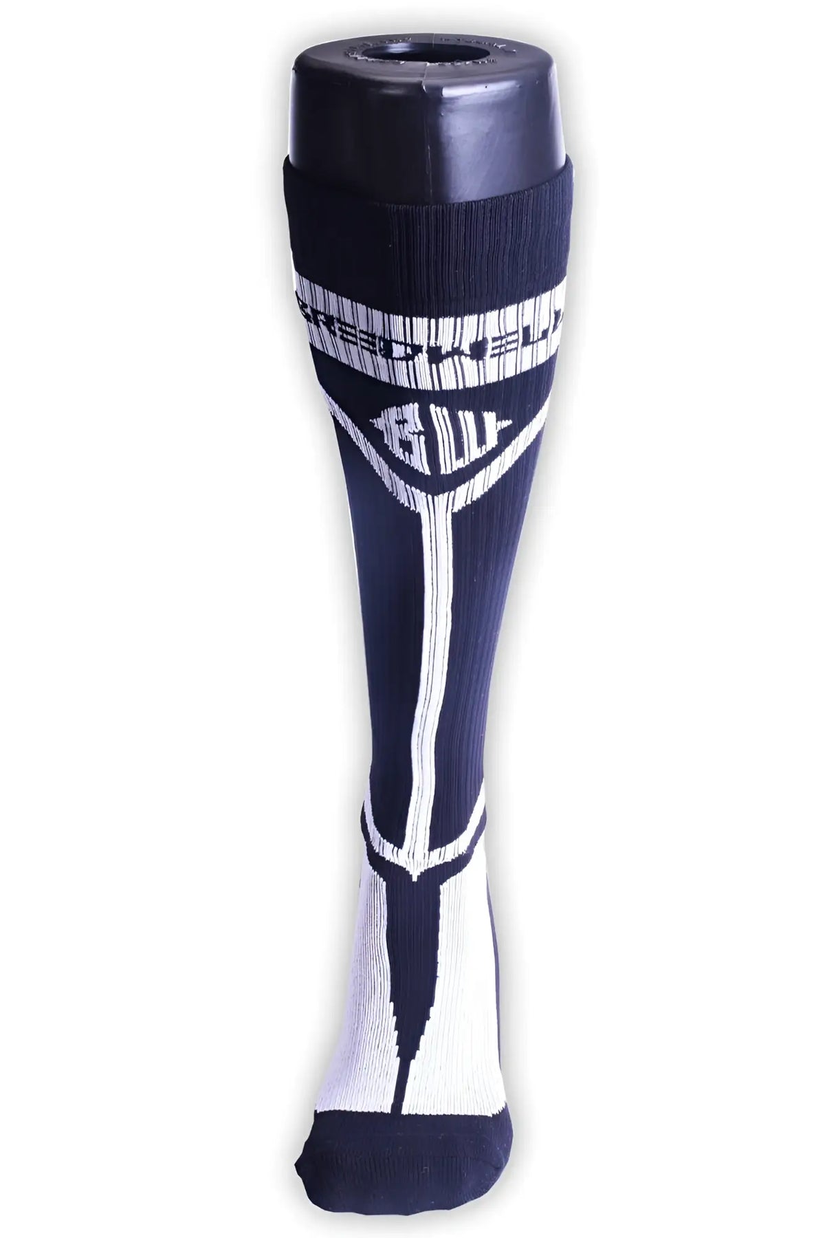 Black and white breckenridge hybrid athletic sock with bold geometric design and branded top cuff