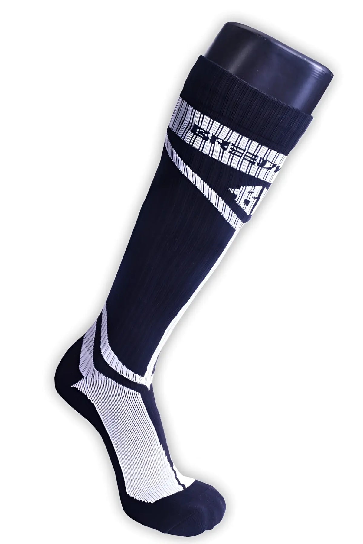 Black and white athletic sock with textured pattern and bold breed logo from hybred socks collection