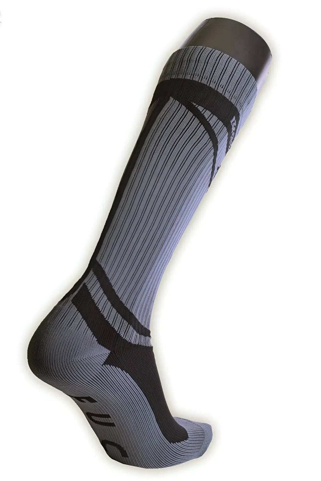 Gray and black hybred athletic compression sock with ribbed texture and reinforced panels for enhanced support