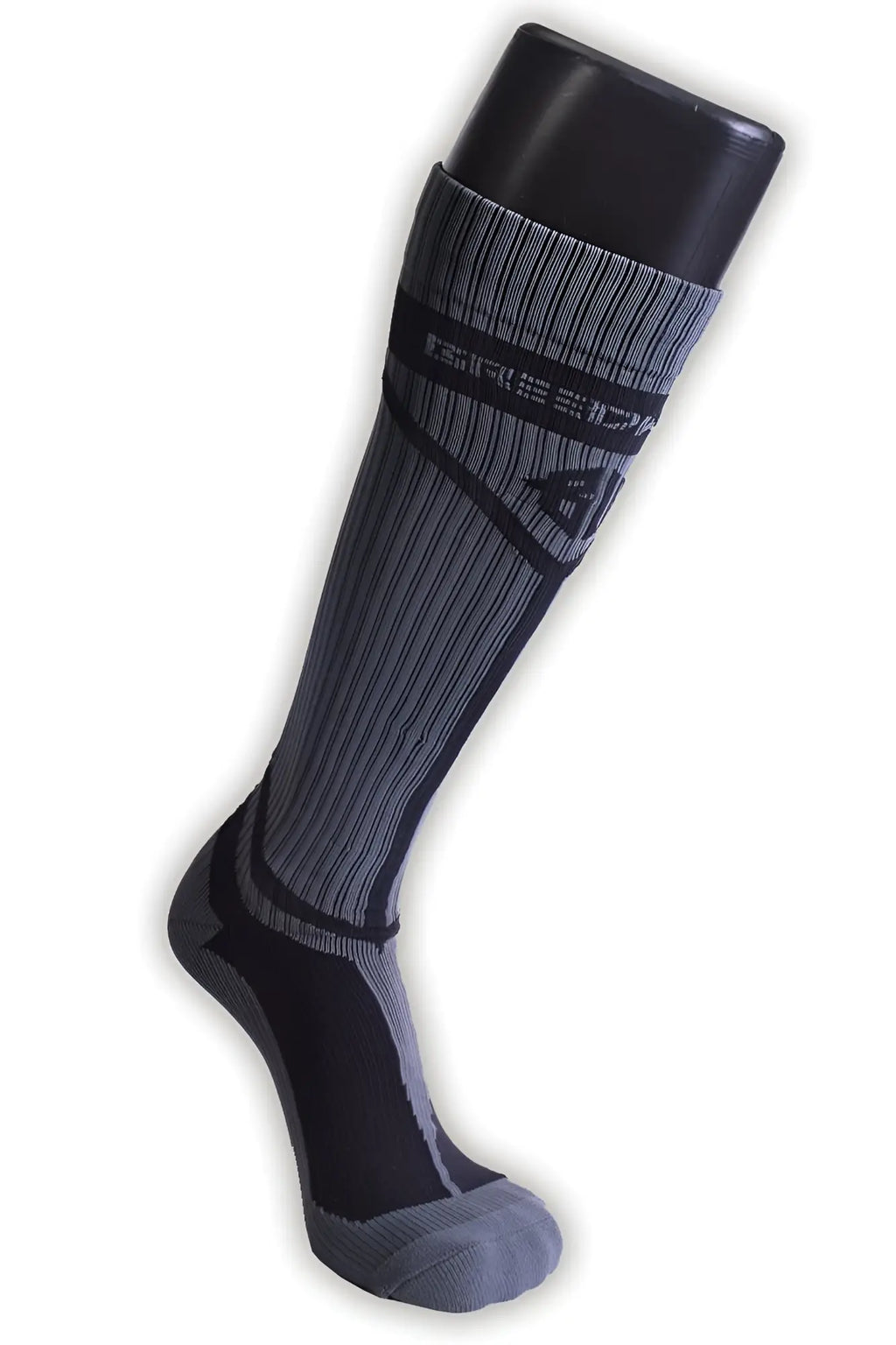 Gray and black hybrid athletic sock with ribbed texture and reinforced heel and toe for performance use