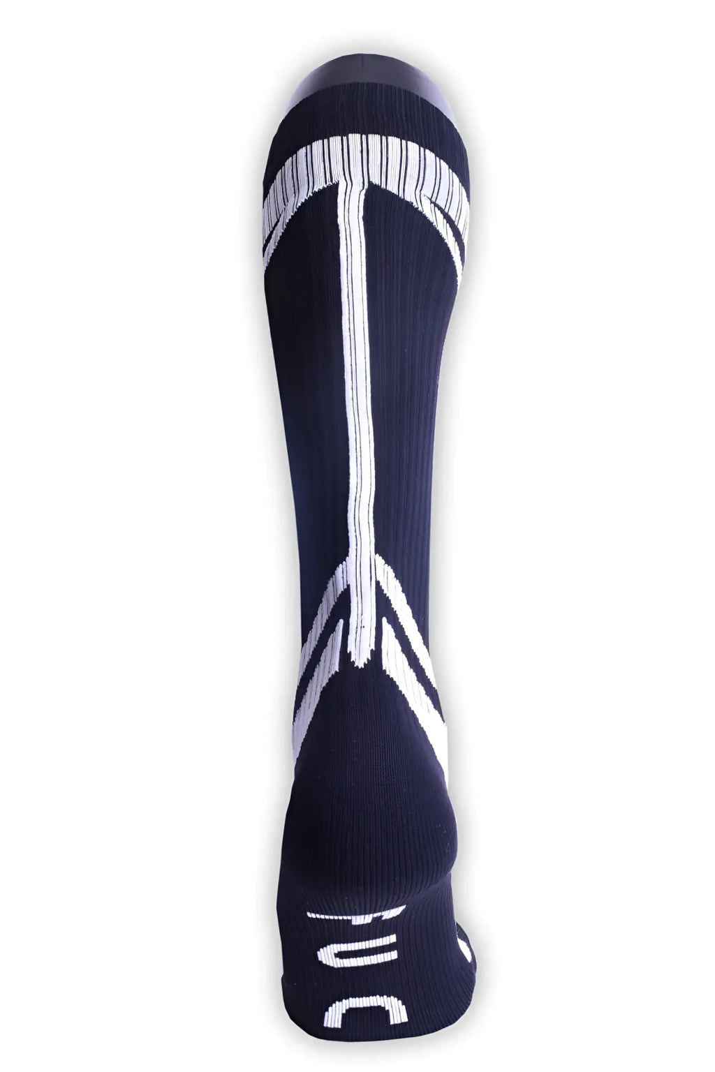 Navy blue hybrid athletic sock with white stripes and reinforced heel and toe for enhanced durability