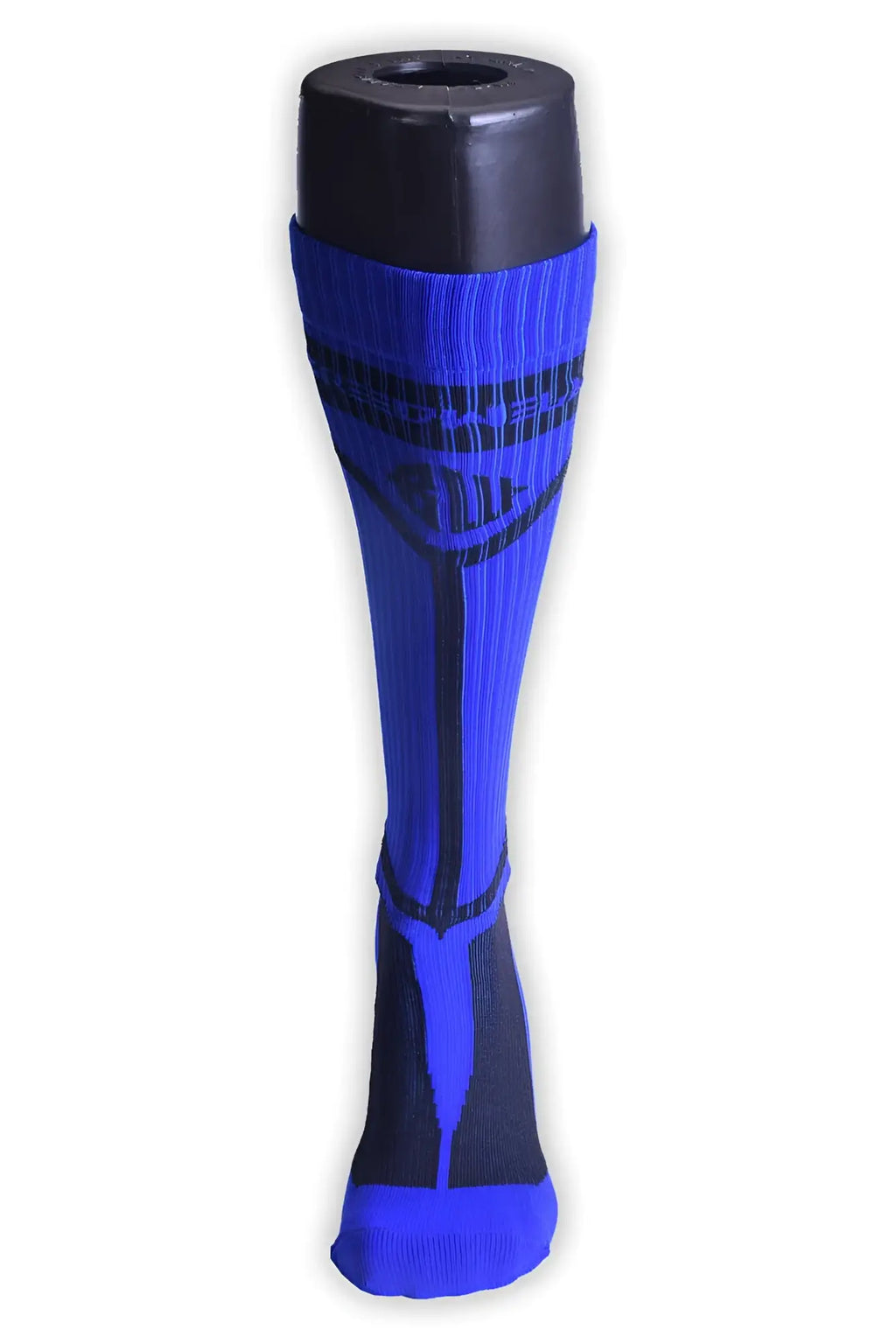 Vibrant royal blue hybred athletic sock with black accents and subtle logo displayed on a mannequin leg