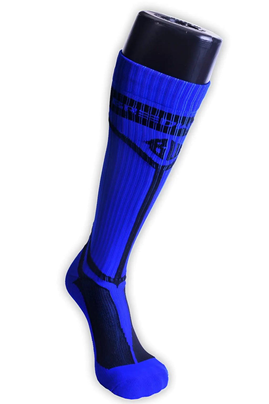 Vibrant royal blue hybred athletic sock with black reinforced panels and subtle logo near the top for sports use