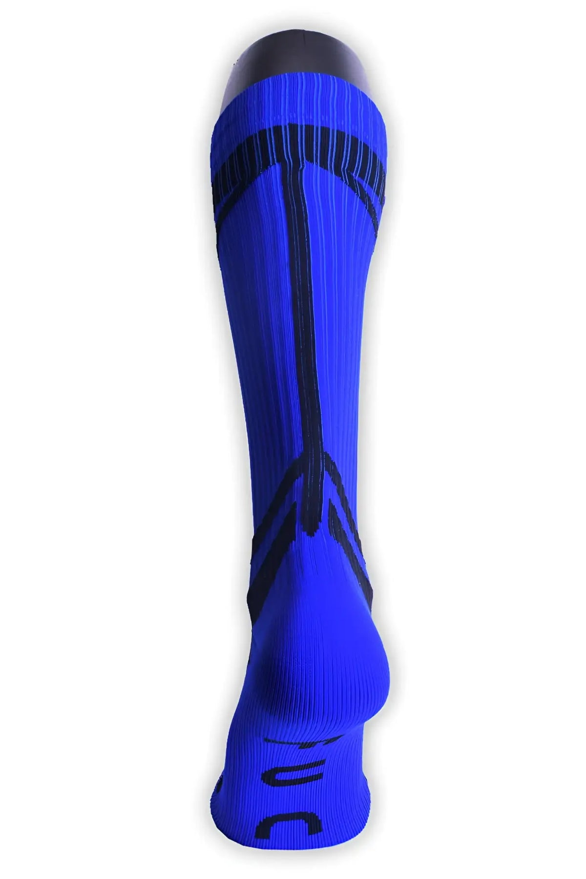 Vibrant royal blue Hybred socks with black ribbed stripes and reinforced heel designed for athletic performance wear