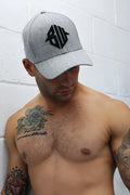 Gray heather baseball cap with black embroidered logo featuring a classic design and comfortable fit
