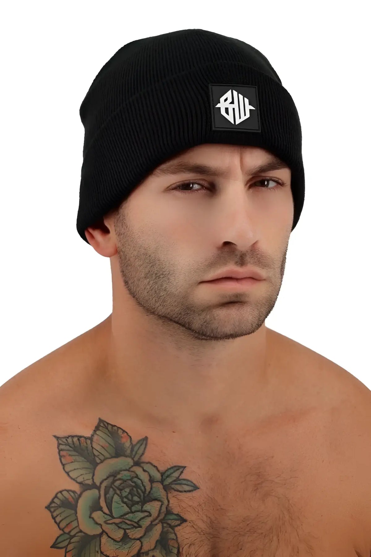 Black ribbed knit Iconixxx beanie featuring a square black patch with a white stylized logo