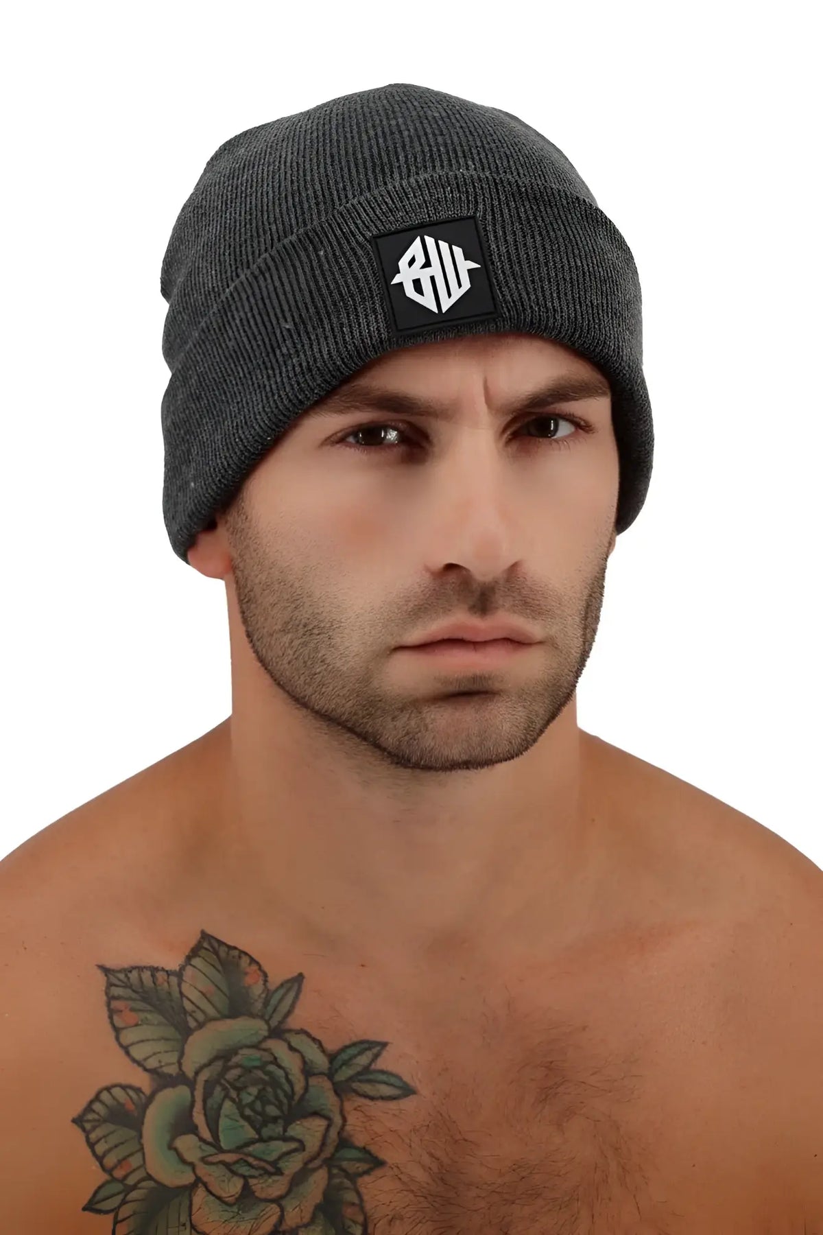 Dark gray knit Iconixxx beanie with a black patch featuring a white stylized logo on the front