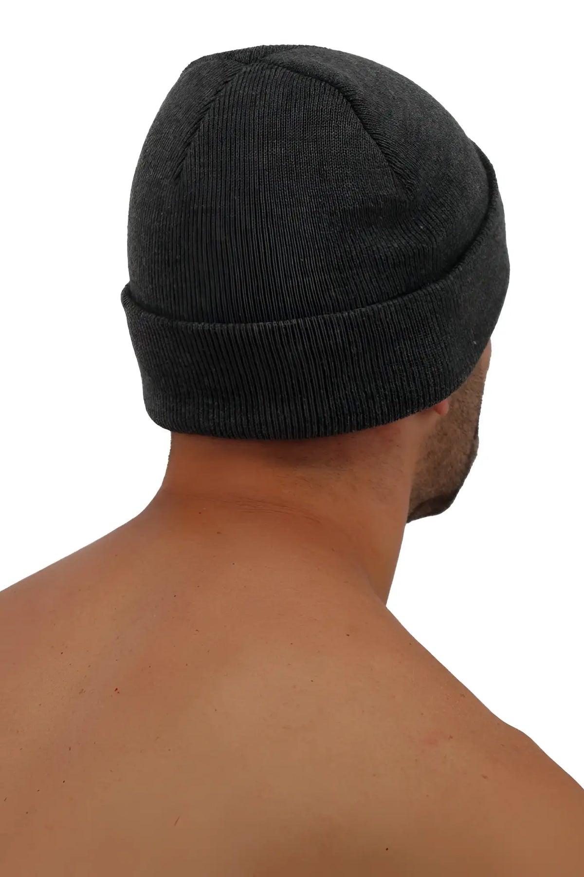 Dark gray knit beanie with folded cuff made of soft fabric from iconixxx for casual and winter wear