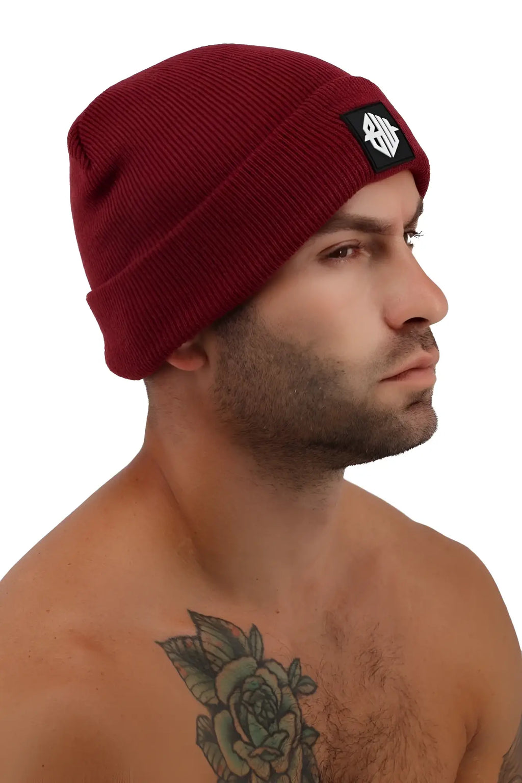 Maroon knitted Iconixxx beanie with black rectangular patch and white logo on folded cuff