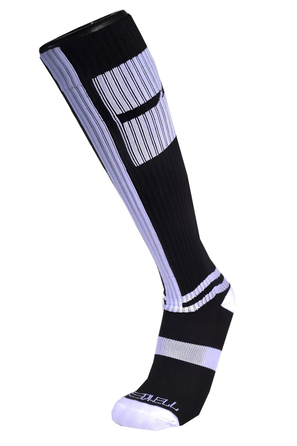 Black and light purple ribbed knee-high infinity socks with bold geometric stripe design for stylish wear