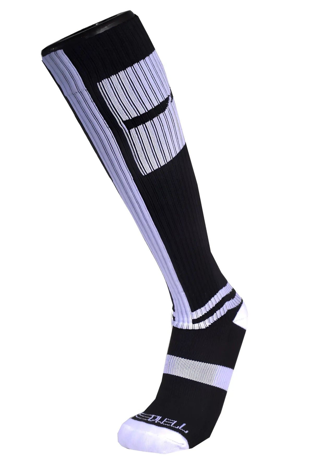 Black and light purple ribbed knee-high infinity socks with bold geometric stripe design for stylish wear