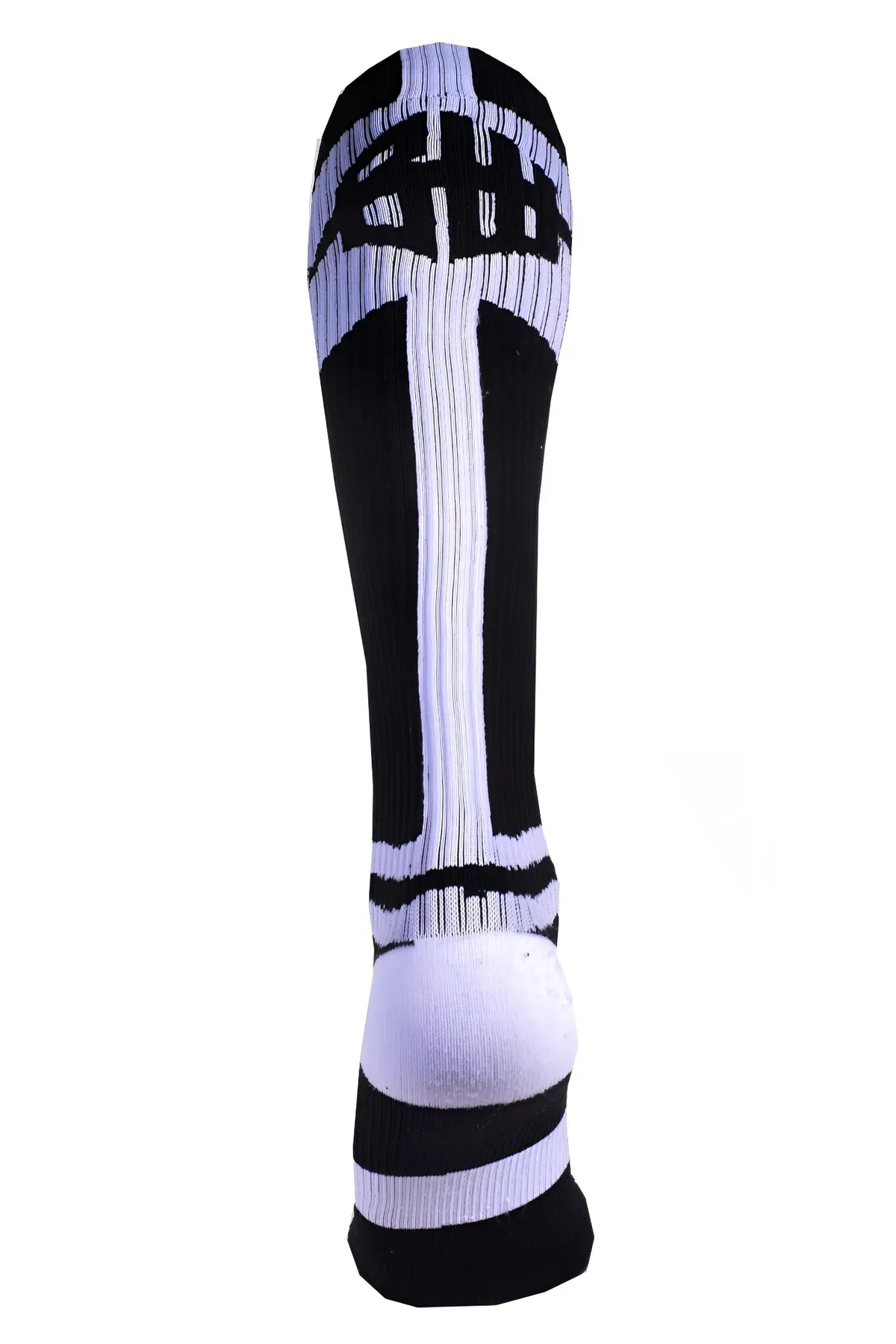 Black and white athletic infinity socks with bold stylized logo at the top, designed for performance and comfort