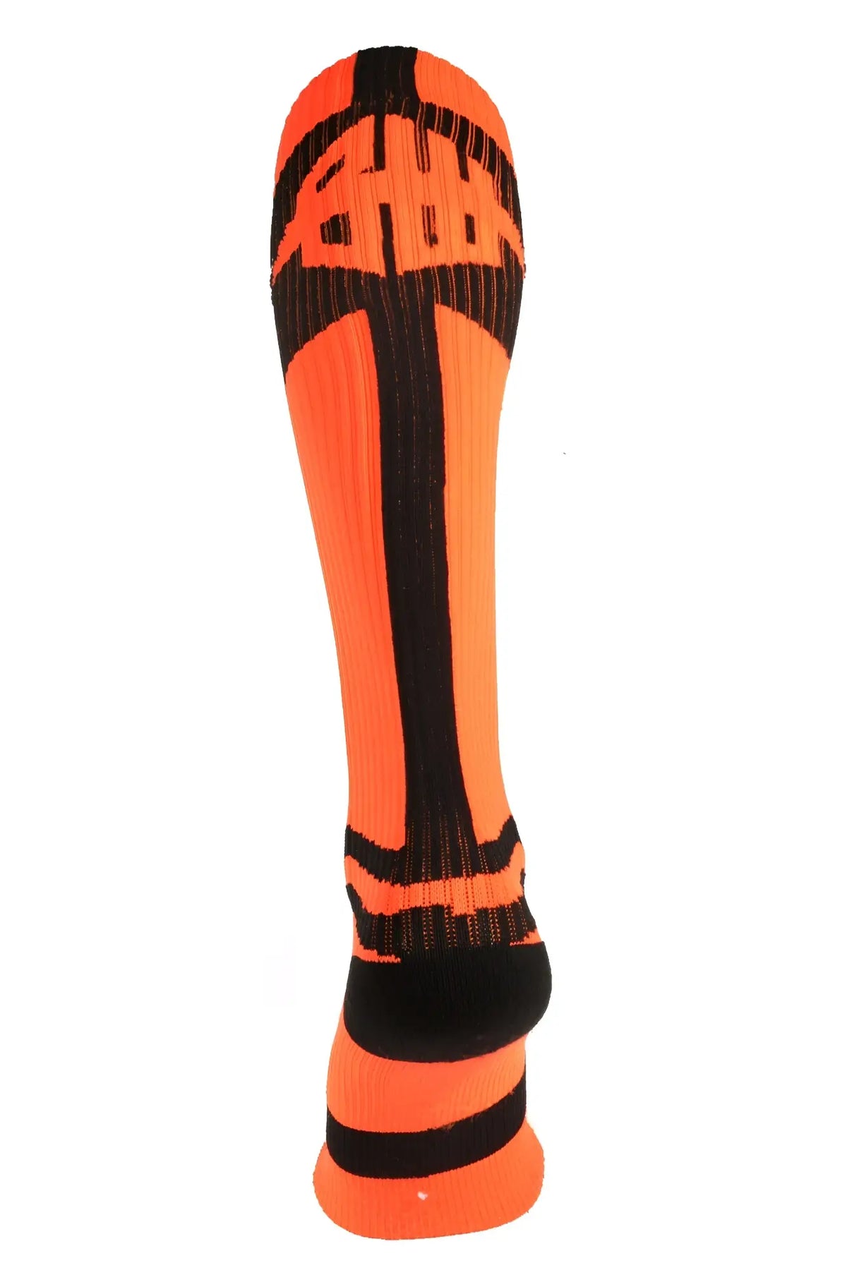 Bright orange and black infinity socks with bold ribbed design featuring the word brave in contrasting letters