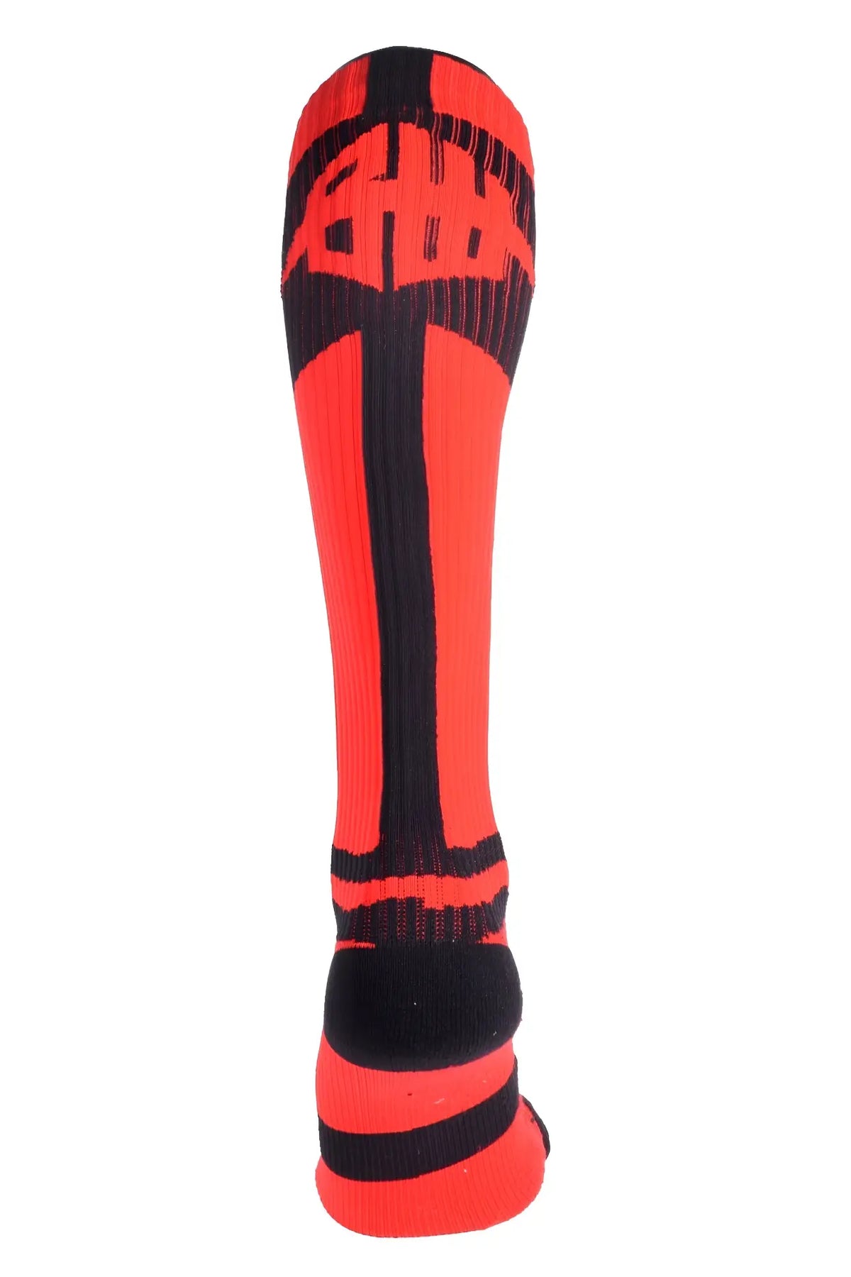 Bright orange and black infinity socks with bold vertical stripes and a prominent logo near the top made for athletics