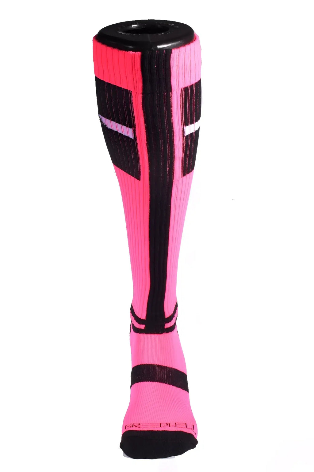 Infinity socks bright pink and black knee-high athletic socks with ribbed texture bold vertical stripes and reinforced toe