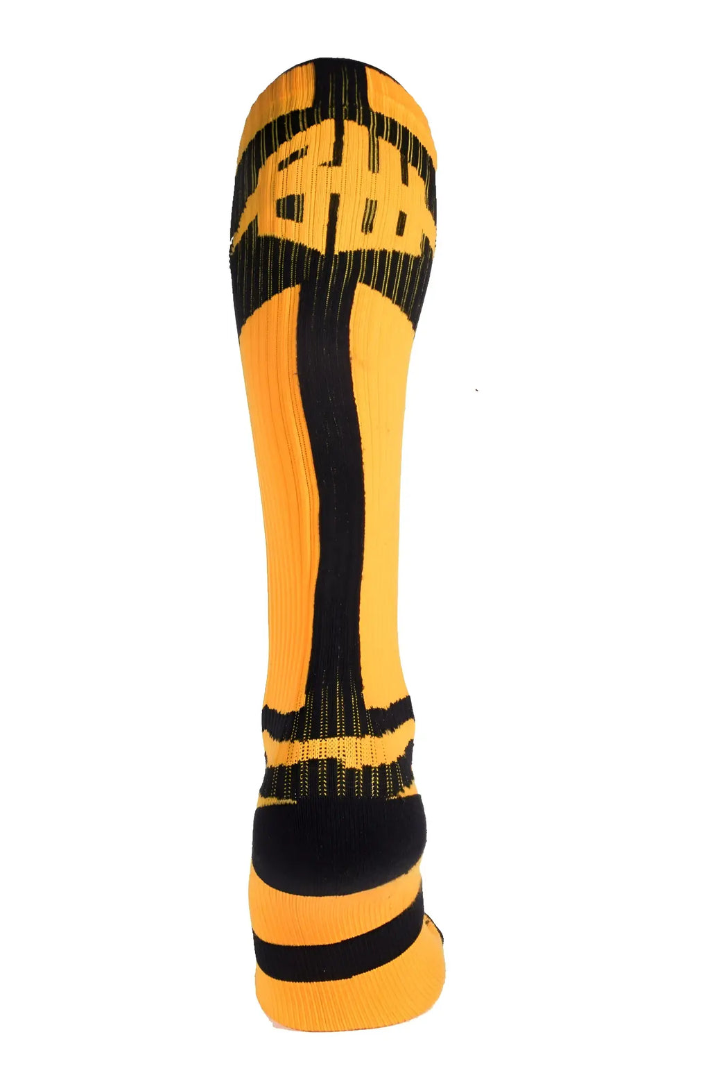 Bright yellow and black infinity socks with bold ribbed design and bull in large block letters across the top
