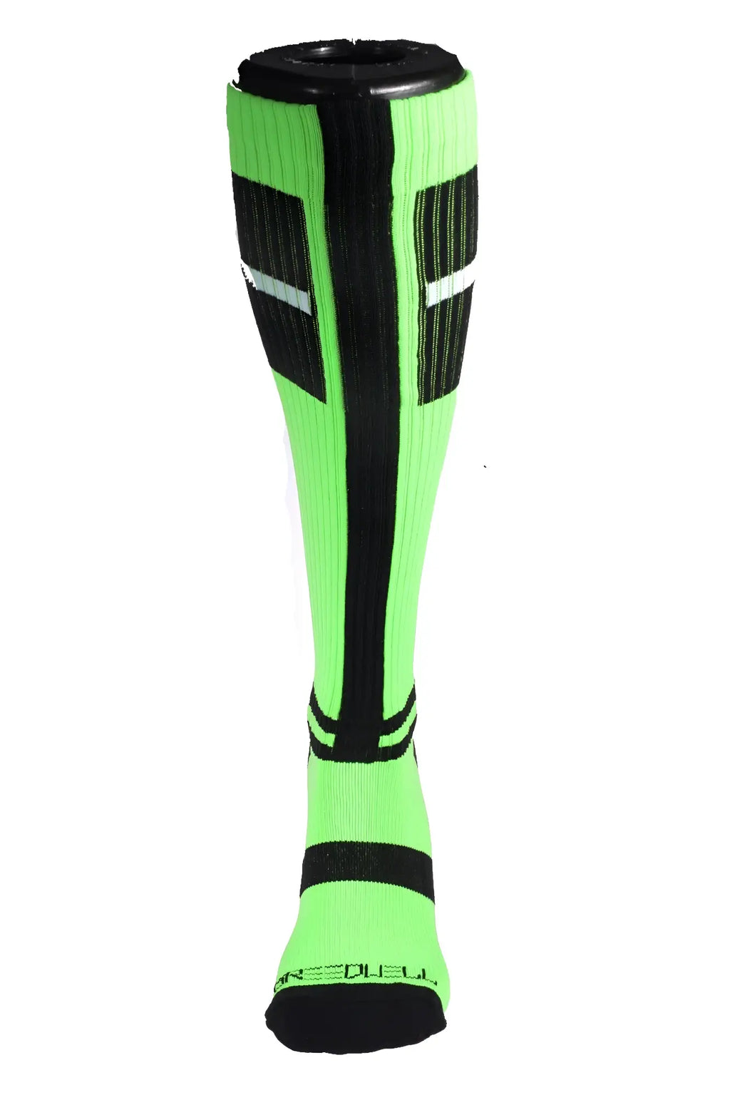 Infinity socks neon green and black knee-high athletic sock with ribbed texture and white side accent stripes