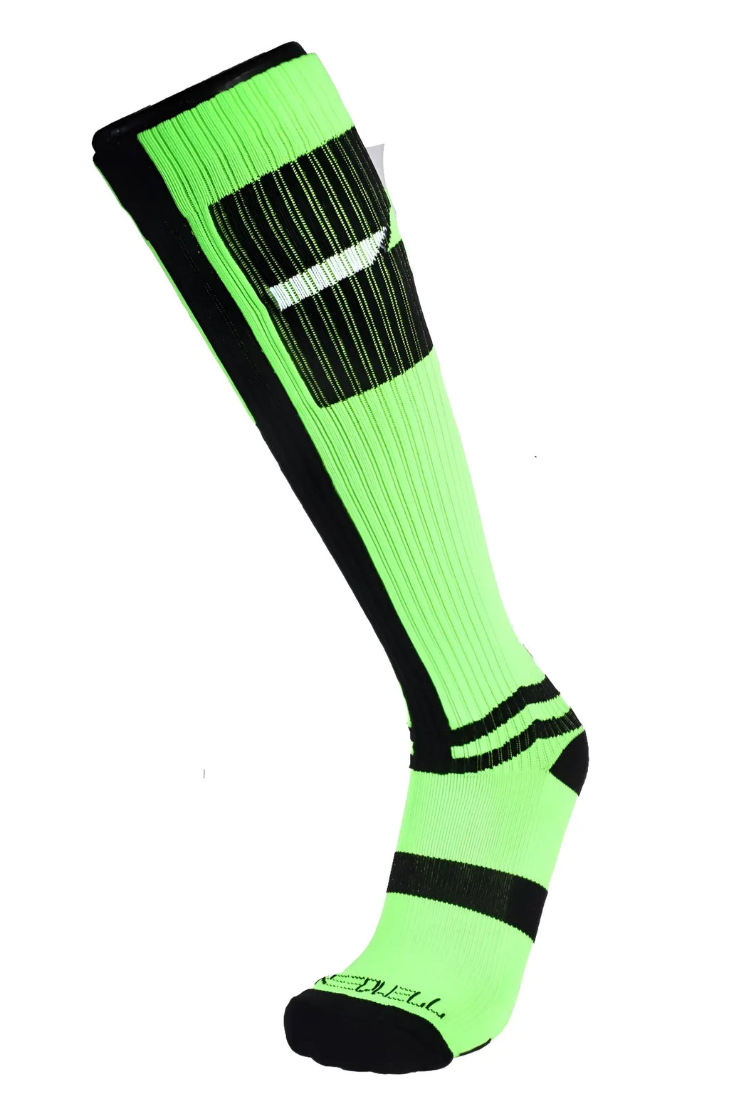 Infinity socks neon green and black knee-high athletic sock with ribbed texture and bold geometric calf design