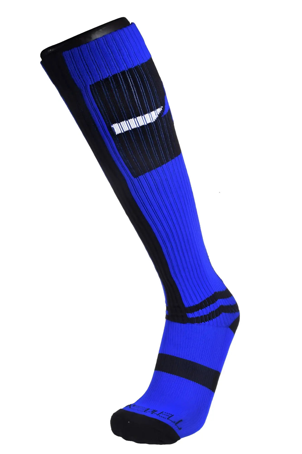 Infinity socks vibrant royal blue knee-high athletic sock with bold black stripes and white logo detail